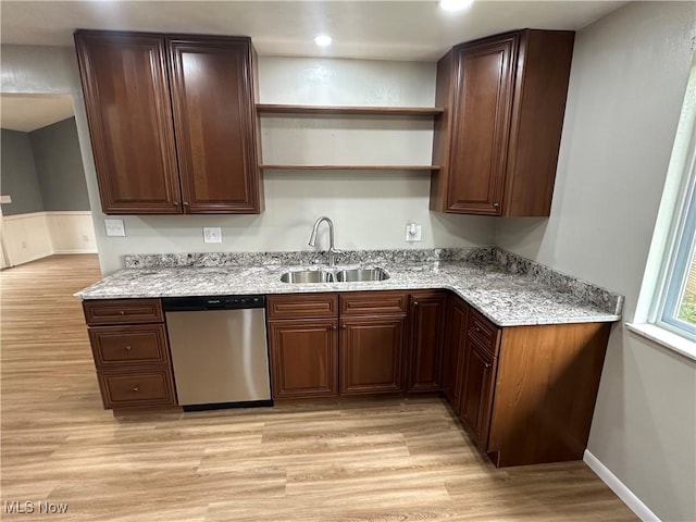 133 Bass Dr, Weirton, WV 26062 - kitchen with open shelves, light stone countertops, a sink, light wood-style flooring, and dishwasher