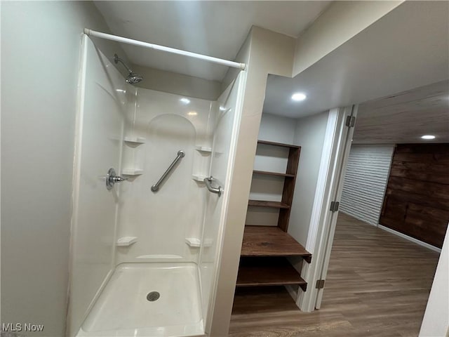 133 Bass Dr, Weirton, WV 26062 - full bath with baseboards, wood finished floors, and a shower