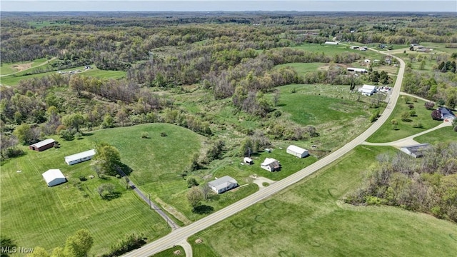 birds eye view of property featuring a rural view and a forest view