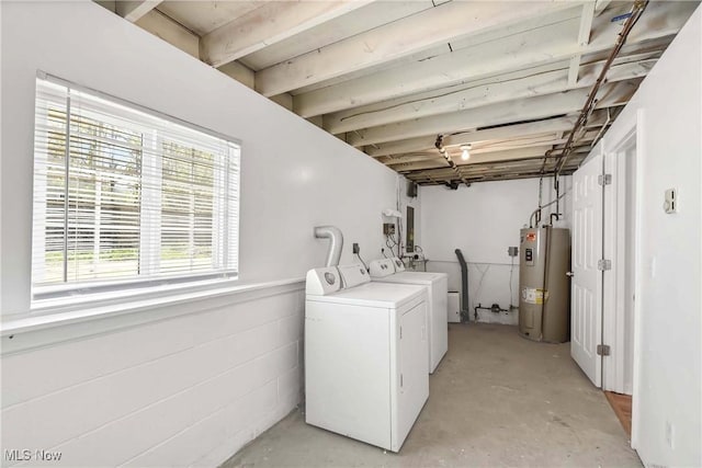 washroom with washing machine and clothes dryer, laundry area, and electric water heater