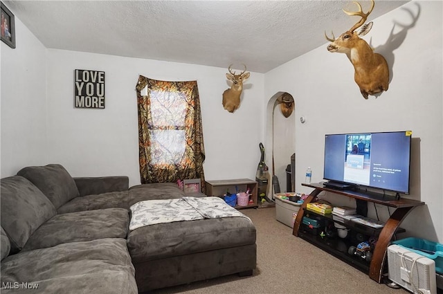 living area with carpet floors, arched walkways, and a textured ceiling