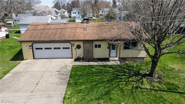 ranch-style home featuring a garage, a front yard, a shingled roof, concrete driveway, and a residential view