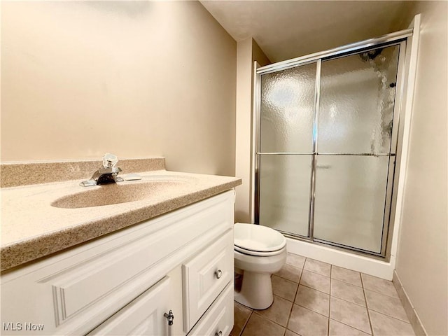 full bath with vanity, tile patterned flooring, a stall shower, and toilet