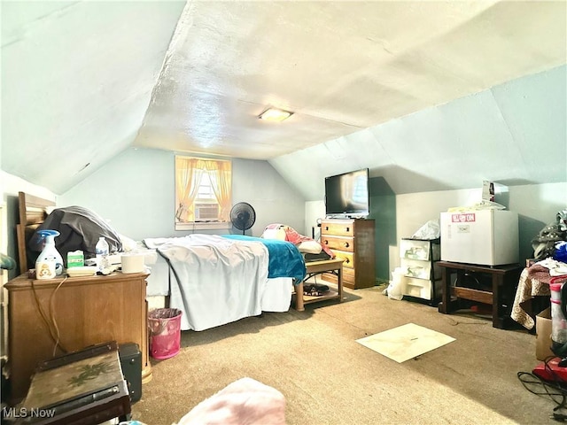 bedroom featuring carpet, lofted ceiling, and cooling unit