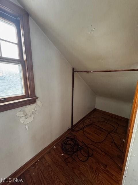 additional living space with baseboards, vaulted ceiling, and wood finished floors