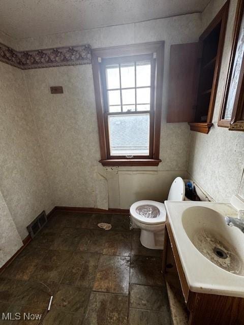bathroom featuring toilet, visible vents, and vanity
