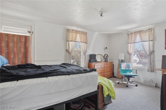 bedroom with carpet flooring and a textured ceiling
