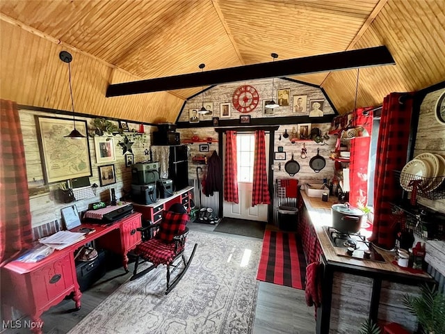 office space featuring wood ceiling and vaulted ceiling
