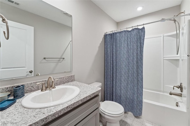 bathroom with vanity, shower / tub combo with curtain, toilet, recessed lighting, and visible vents