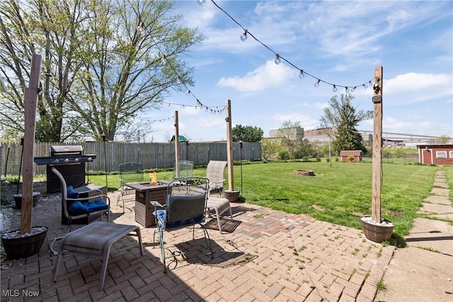 view of patio / terrace featuring a fire pit, a fenced backyard, and a grill