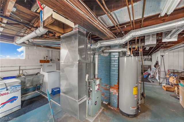 utilities featuring heating unit, gas water heater, washer / clothes dryer, and a sink