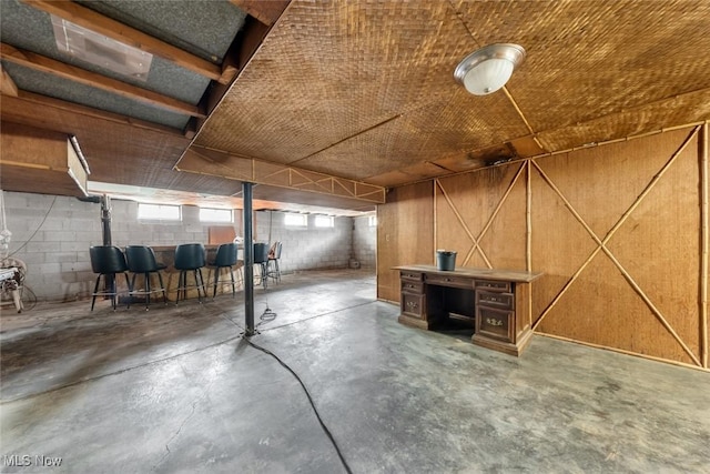 below grade area featuring concrete block wall