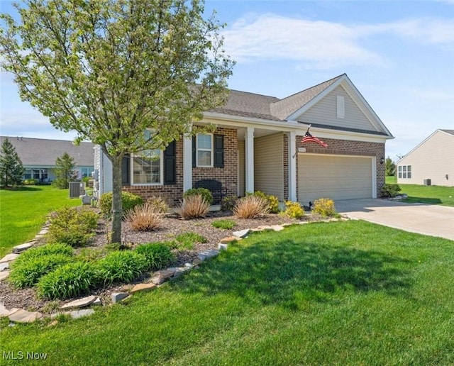 single story home with central AC, brick siding, a garage, a front yard, and driveway
