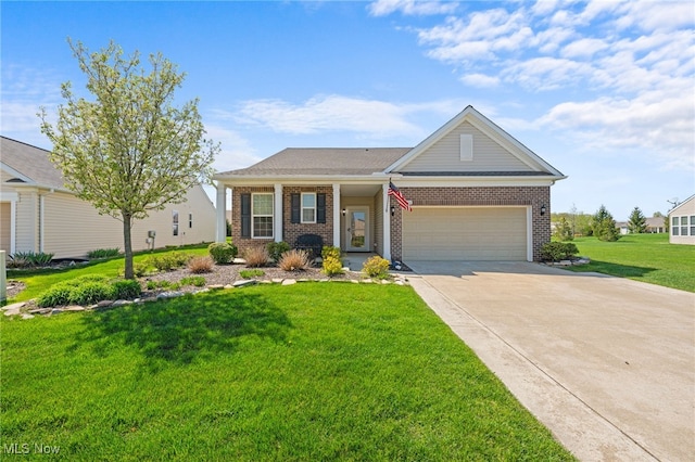 view of front facade featuring concrete driveway, brick siding, an attached garage, and a front yard