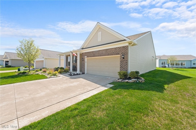view of front facade with concrete driveway, brick siding, an attached garage, and a front lawn