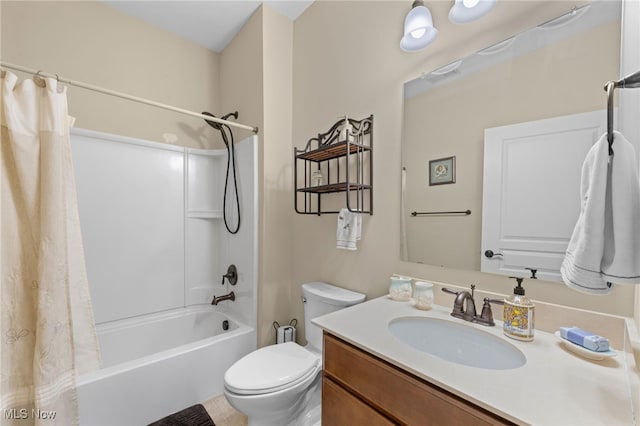bathroom with vanity, shower / bathtub combination with curtain, visible vents, and toilet