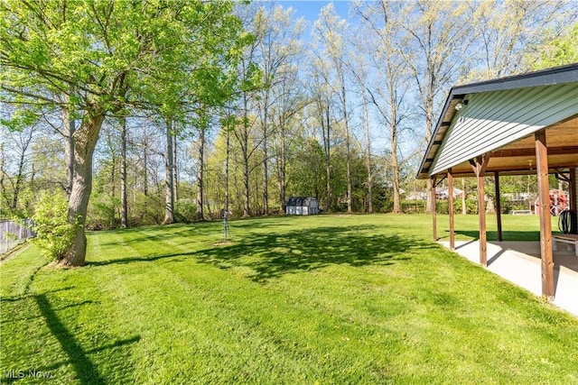 view of yard featuring a storage shed, an outdoor structure, and a patio area