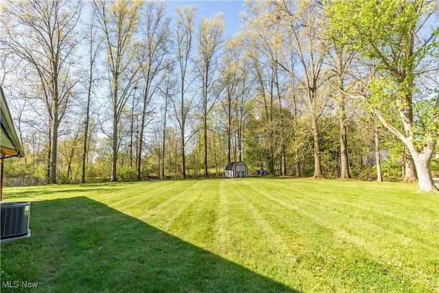 view of yard featuring a storage shed, an outdoor structure, and central AC