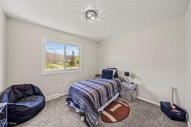 6084 Clay St, Thompson, OH 44086 - carpeted bedroom with baseboards, a textured ceiling, and visible vents