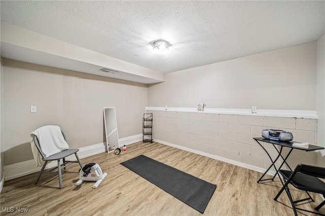 6084 Clay St, Thompson, OH 44086 - workout area featuring baseboards, a textured ceiling, wood finished floors, and visible vents