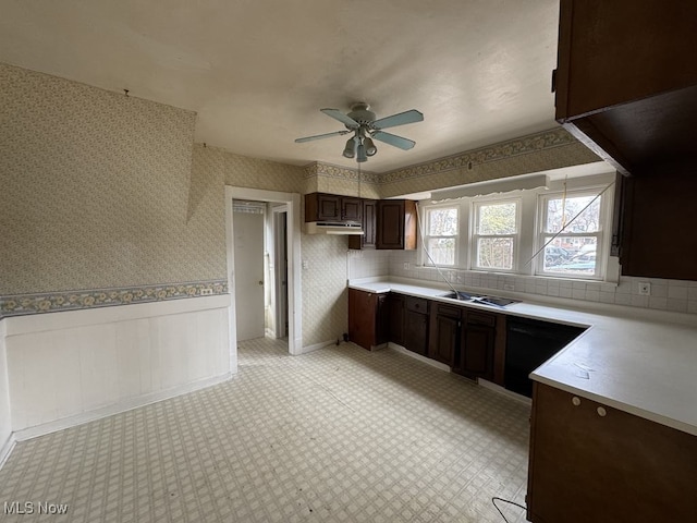 kitchen with dark brown cabinetry, a ceiling fan, wainscoting, light countertops, and under cabinet range hood