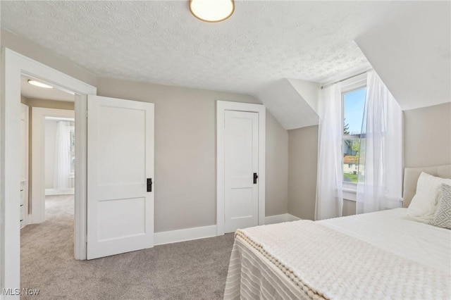 carpeted bedroom featuring a textured ceiling, baseboards, and a closet