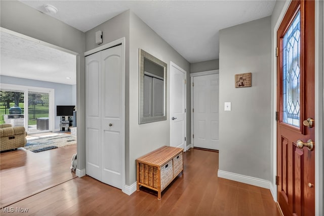 foyer entrance with baseboards and wood finished floors