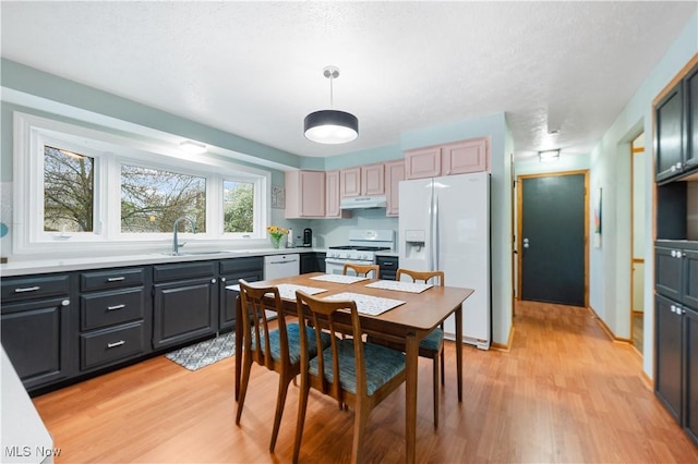 kitchen featuring a sink, light wood-style flooring, under cabinet range hood, and white appliances