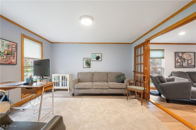 living area with plenty of natural light, ornamental molding, light wood-style floors, and french doors