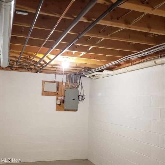 unfinished basement featuring electric panel