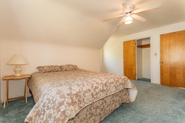 bedroom with a ceiling fan, carpet, and vaulted ceiling