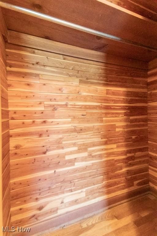 interior details featuring wood walls and wood finished floors