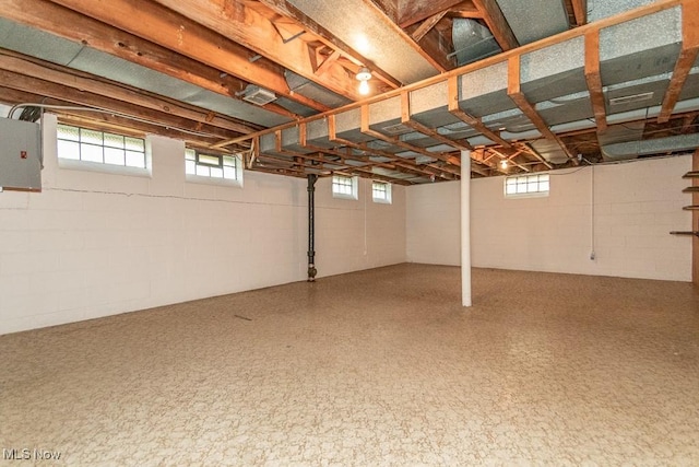 below grade area featuring concrete block wall and electric panel