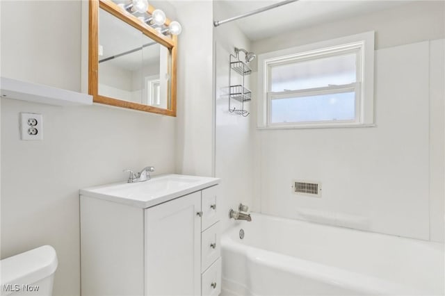full bath with toilet, shower / tub combination, and vanity