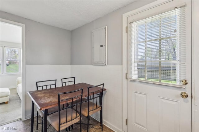 dining space featuring a textured ceiling, baseboards, and electric panel