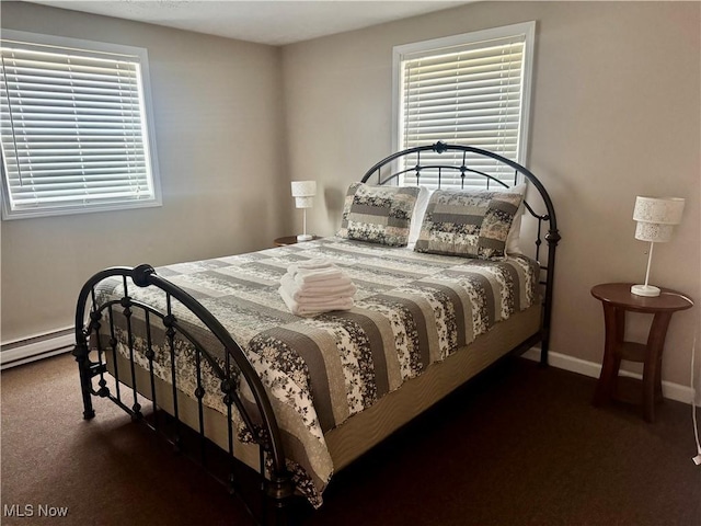 bedroom featuring baseboards, a baseboard radiator, and carpet flooring