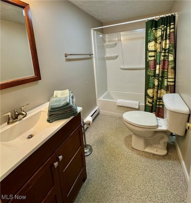 full bath with a textured ceiling, shower / bath combo, vanity, baseboards, and toilet
