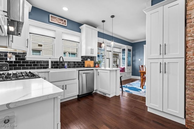 kitchen featuring decorative backsplash, dark wood-style flooring, white cabinetry, and dishwasher