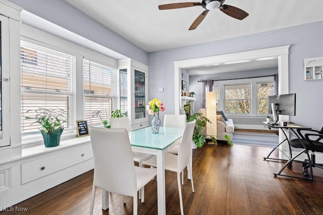 dining room with a ceiling fan and wood finished floors