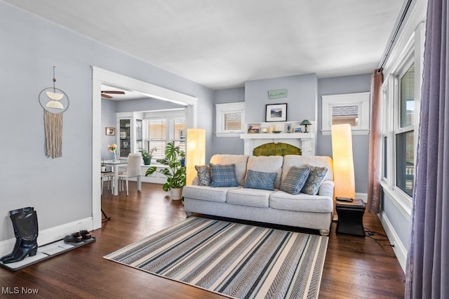 living area with baseboards and wood finished floors