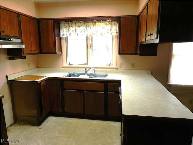 kitchen with under cabinet range hood, a sink, and light countertops