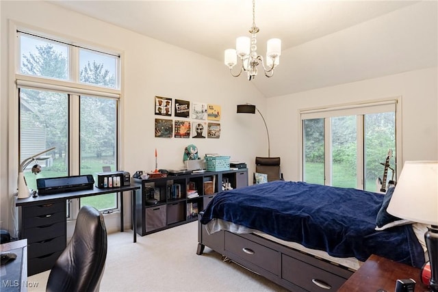 bedroom featuring lofted ceiling, a chandelier, and light carpet