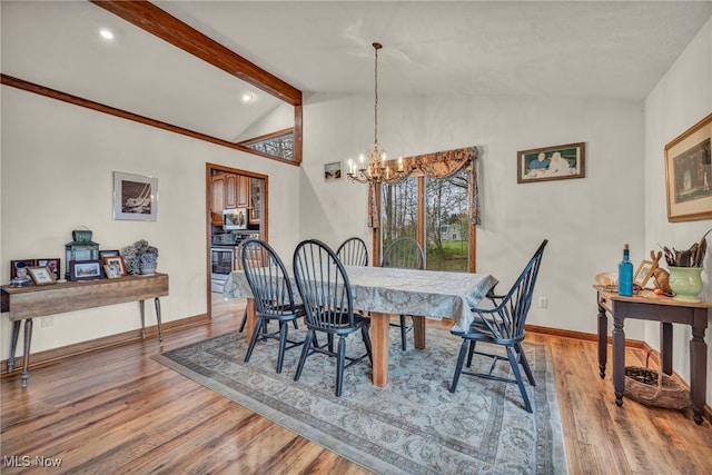 dining room with an inviting chandelier, wood finished floors, baseboards, vaulted ceiling with beams, and recessed lighting