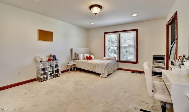 bedroom with carpet flooring, recessed lighting, and baseboards