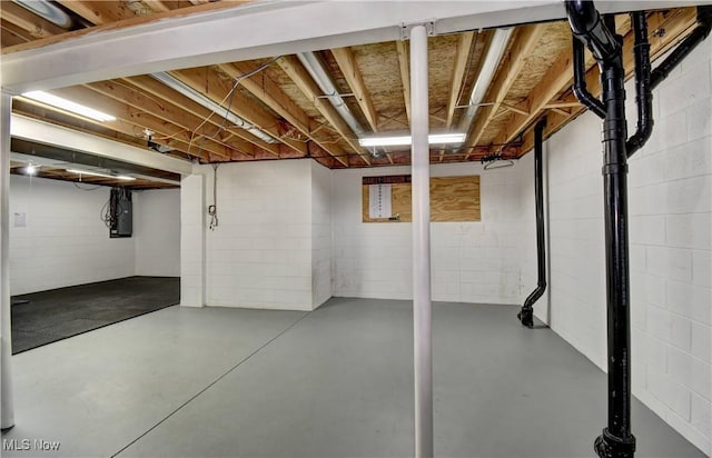 unfinished below grade area with concrete block wall and electric panel