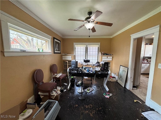 office featuring baseboards, a ceiling fan, and ornamental molding