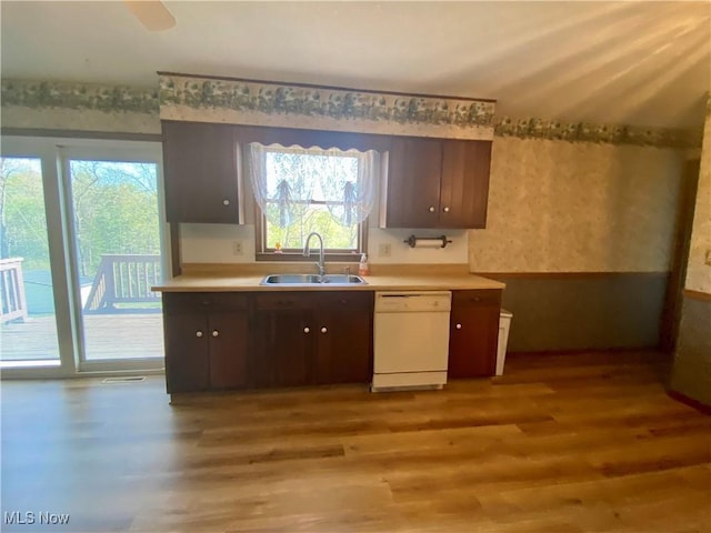 8995 Sarbaugh Rd, Norwich, OH 43767 - kitchen featuring dark brown cabinets, a sink, light wood-style floors, light countertops, and dishwasher