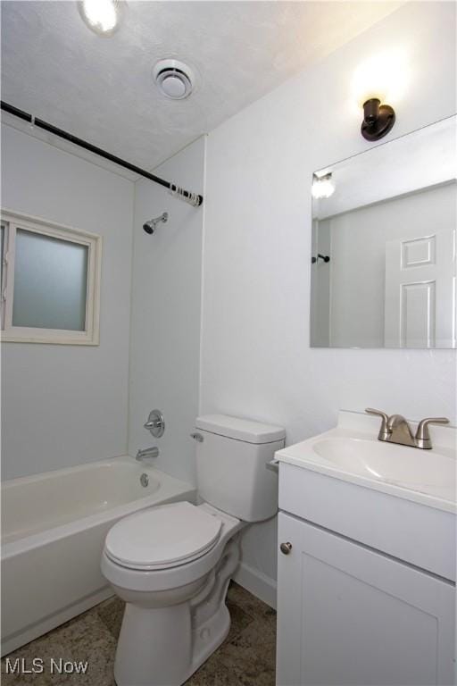 bathroom with shower / bathtub combination, toilet, visible vents, and vanity