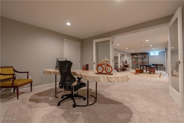 office area with recessed lighting, carpet flooring, and baseboards