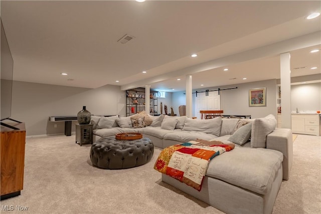 living room with recessed lighting, baseboards, visible vents, and light carpet